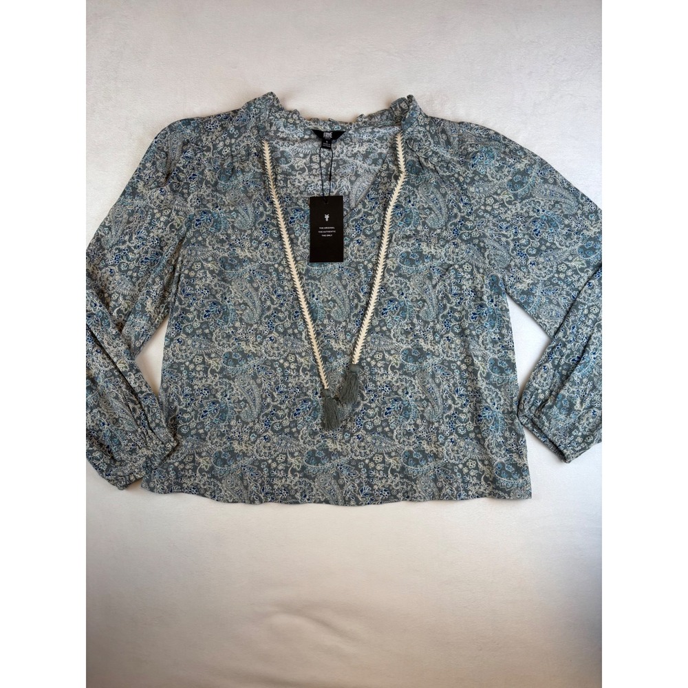 Frye Women's Small Paisley Print Long Sleeve Blouse Tie Neck Top Blue Boho New - Picture 2 of 9